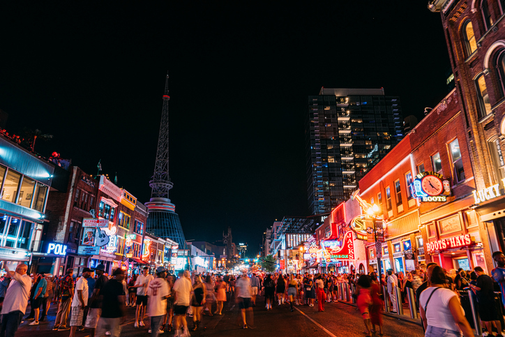 Wide Angle View of Tourists Broadway, Downtown Nashville, Tennessee