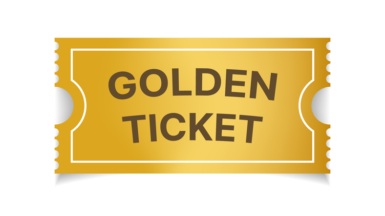 Golden ticket vector illustration, gold coupon or discount tag mockup isolated on white background, cinema concert theater party festival event invitation entrance pass design