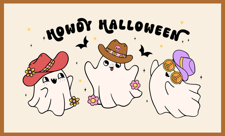 Cowboy Hallowween Ghosts retro groovy Howdy western banner doodle drawing